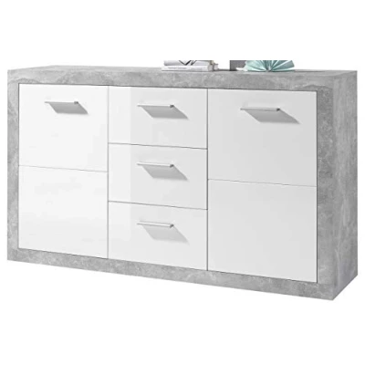 Abbildung von Stella Trading Sideboard in Beton Optik, Weiß Hochglanz Moderne Kommode mit Schubladen und viel Stauraum 147 x 89 37 cm (B/H/T)
