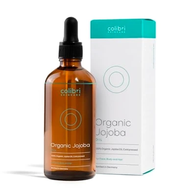 Abbildung von colibri skincare Bio Jojobaöl 100ml 100% rein für Kosmetik gesunde Haare, weiche Haut und starke Nägel Auch das Gesicht geeignet Glasflasche nativ, kaltgepresst Made in Germany