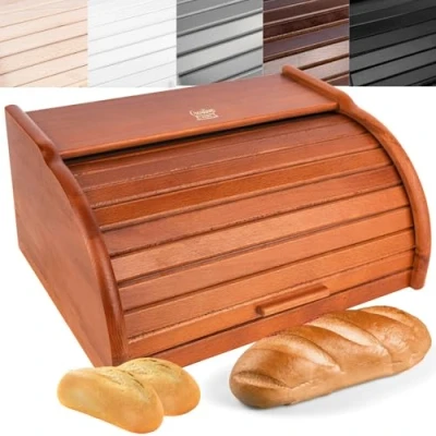 Abbildung von Creative Home Erle Brotkasten Holz 38 x 28,5 17,5cm (+/ 1cm) Perfekte BrotBox für Brot Brötchen Kuchen Brotkiste mit Roll Deckel Natürliche Kiste Brotbehälter Jede Küche