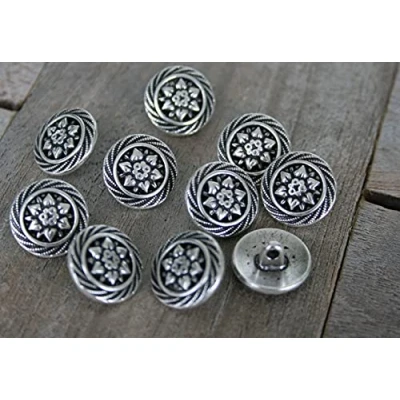 Abbildung von 10 Stück Knöpfe Metall 15mm Edelweiss Enzian Ösenknöpfe Trachtenknöpfe silber glänzend oder altmessing (silber)