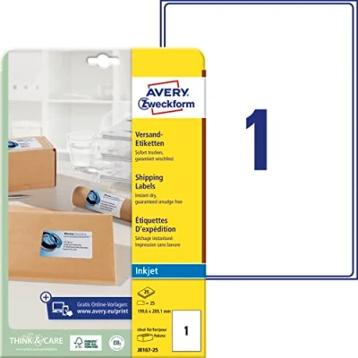 Abbildung von AVERY Zweckform J8167 25 Versandetiketten/Versandaufkleber (25 Etiketten, 199,6x289,1mm auf A4, bedruckbar, selbstklebend, für Inkjet Drucker, Pakete und Päckchen) Blatt, weiß