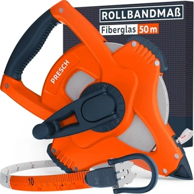 Abbildung von Presch Rollbandmaß 50m Robustes Maßband mit 3:1 Getriebe für schnellen Rücklauf Witterungsbeständiges Fiberglas Bandmaß Perfekter Halt dank Kurbelarretierung &amp; Multifunktionshaken