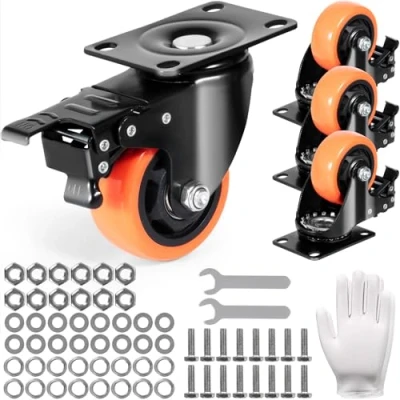 Abbildung von VEVOR Möbelrollen 4er Set Lenkrollen PVC φ76,2mm Laufrollen 454kg Tragfähigkeit Transportrollen mit A/B Bremsen Kastenrollen 360 Drehbar Schwerlastrollen für Häusern Büros Studios Fabriken
