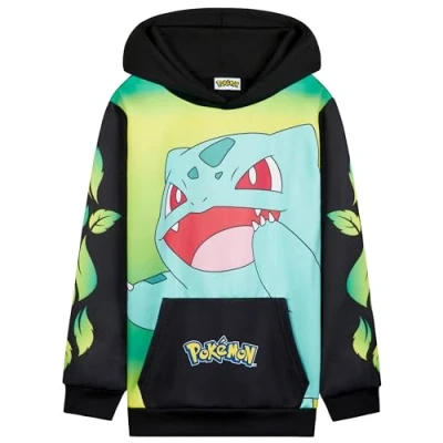 Abbildung von Pokemon Hoodie Jungen, Warmer Kapuzenpullover mit Bündchen &amp; Kängurutasche Pikachu Geschenke für Jungs (Schwarz/Gelb Bisasam, 11 12 Jahre)