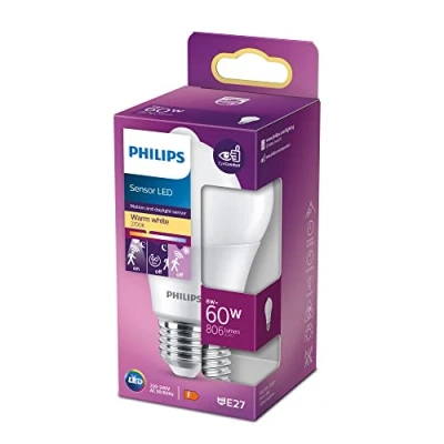 Abbildung von Philips LED Sensor E27 Lampe, 60 W, Tropfenform, Bewegungssensor Nachts, dimmbar, matt, warmweiß