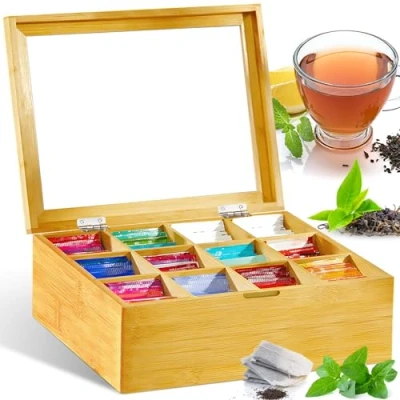 Abbildung von GUHAOOL Teebox, Teebox aus Holz mit 12 Fächern 28 x 22.5 9 cm,Teebeutel Aufbewahrungsbox,Teekiste Sichtfenster,Flexibel Einstellbare Fächer,Teebeutelbox für Aromageschützte Aufbewahrung von Tee