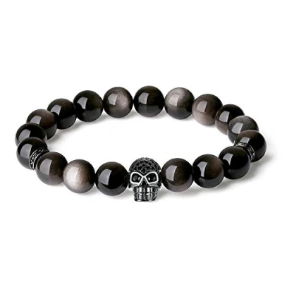 Abbildung von COAI Geschenkideen Herren Glücksarmband Reiki Armband aus Silbrigem Obsidian mit CZ Zirkonia Totenkopf Charm