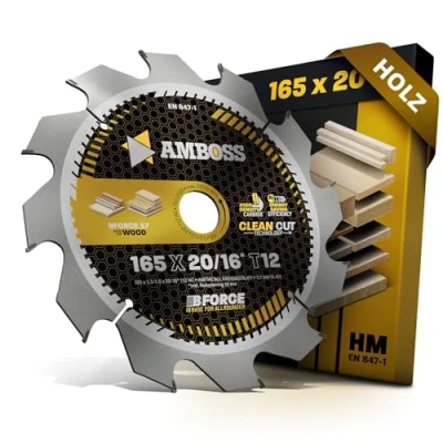Abbildung von HM Kreissägeblatt 165x20 16 Z12 Wechselzahn für Akku Holz Zuschnitt. AMBOSS WERKZEUGE® Sägeblatt 165mm +Reduzierring 20mm. 165x16 komp. zu Bosch GKS 18v 57g. GKT 55 GCE Makita SP6000. DHS6