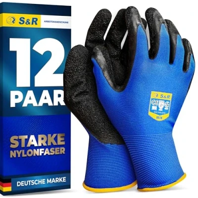Abbildung von S&amp;R Schutzhandschuhe, 12 Paar aus Nylonfaser mit Latexbeschichtung, Gr. M/8, geeignet für den privaten und gewerblichen Gebrauch