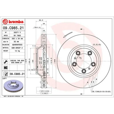 Abbildung von BREMBO 09.C985.21 Bremsscheibe 350 34 5 innenbelüftet beschichtet hochgekohlt mit Schrauben