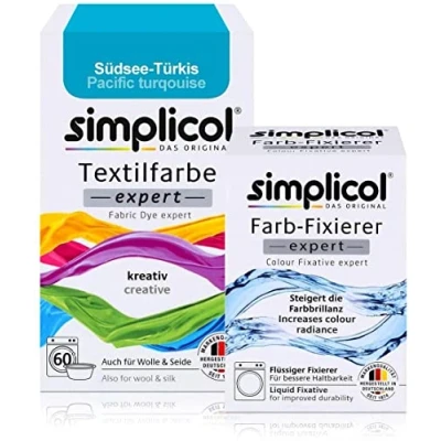 Abbildung von simplicol Textilfarbe expert + Farbfixierer Kombipack, Südsee Türkis 1711: Farbe für Waschmaschine oder manuelles Färben