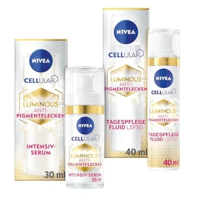 Abbildung von NIVEA Cellular Luminous Anti Pigmentflecken Set mit Gesichtsserum, Aging Tagescreme LSF 50, Hautpflege Hyaluronsäure, zur Reduktion aller Arten von