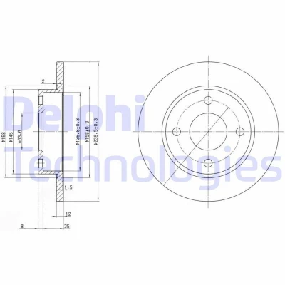 Abbildung von DELPHI BG3055 Bremsscheibe 240 12 4 voll geölt unbehandelt ohne Radlager, ABS Sensorring FORD: FIESTA 3, 4, 5 Van