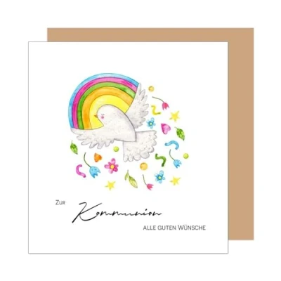 Abbildung von Edition Seidel Premium quadratische Glückwunschkarte zur Kommunion mit Umschlag. Kommunionskarte Spruch Karte Grußkarte Junge Mädchen Jugendliche Taube Regenbogen (KOQ122 SW025)