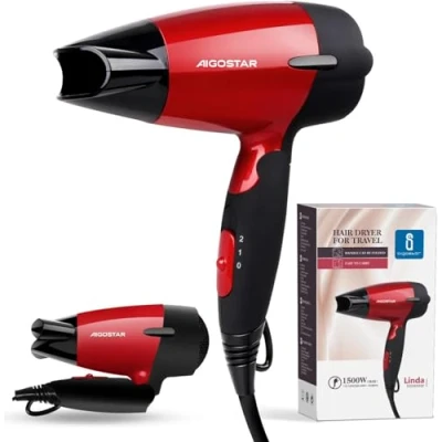 Abbildung von Aigostar Haartrockner Reisefön Klein Klappbar, 1500Watt Fön, Föhn Mit Stylingdüsen, Fön Klein, Schnelles Trocknen, 2 Heiz, für Familien/Reise/Salons