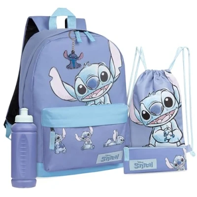 Abbildung von Disney Lilo und Stitch Schulrucksack Mädchen Set mit Schulranzen, Turnbeutel, Federmäppchen, Trinkflasche 470 ml &amp; Keyring Sachen