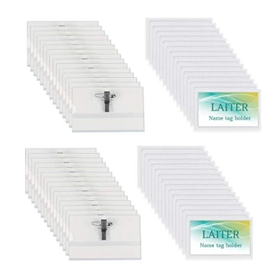 Abbildung von LAITER 60 Stück Kunststoff Namensschild Für Visitenkarten Namensschilder mit Halter Clip und Ansteck Nadel Schulen Veranstaltungen Kreuzfahrten kleine Unternehmen,90mm x 56 mm