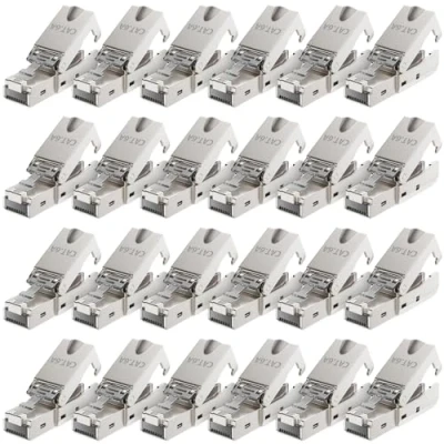Abbildung von deleyCON 24x CAT 6a Werkzeugloser RJ45 Netzwerkstecker mit LSA Anschluss für Starre Verlegekabel Geschirmt 10 Gbit/s LAN Kabel Netzwerkkabel Stecker CAT6a Metallgehäuse