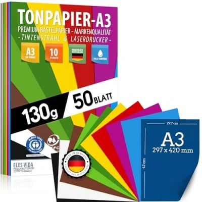 Abbildung von 50 Blatt Tonzeichenpapier DIN A3 130 g 10 Farben Festes Papier Farbige Blätter für Schule, Hobby Kinder &amp; DIY Bögen, Bastel Zubehör Kopierpapier, Geschenke, BLAUER ENGEL AUS DEUTSCHLAND