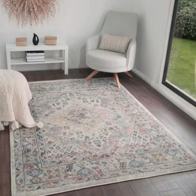 Abbildung von Surya Casablanca Vintage Teppich groß Wohnzimmer 160x213cm, Esszimmer, Schlafzimmer Orientalischer Boho Style Carpet Living Room, Bunter Muster, Taupe, Blau und Grau