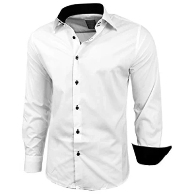 Abbildung von Baxboy Herren Hemd Slim Fit Bügelleicht für Anzug, Business, Hochzeit, Freizeit Langarm Hemden Männer Langarmhemd R 44, Farbe:Weiss/Schwarz, Größe:5XL