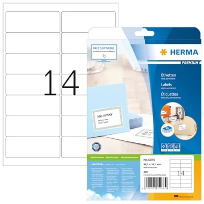 Abbildung von HERMA 5076 Universal Etiketten, 800 Blatt, 99,1 x 38,1 mm, 14 pro A4 Bogen, 11200 Stück, selbstklebend, bedruckbar, matt, blanko Papier Klebeetiketten Aufkleber, weiß