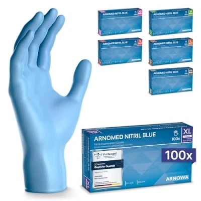 Abbildung von ARNOMED Nitril Einweghandschuhe 100 Stück/Box, XL, puderfreie &amp; latexfreie Einmalhandschuhe, Blaue Nitrilhandschuhe, in Gr. XS, S, M, L, XL XXL verfügbar