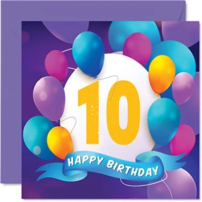 Abbildung von Geburtstagskarte zum 10. Geburtstag für Jungen und Mädchen Ballon Party Happy Birthday Cards 10 Jahre alte Jungen, Mädchen, Bruder, Schwester, Sohn, Tochter, Enkelin, Cousin, 145 mm x