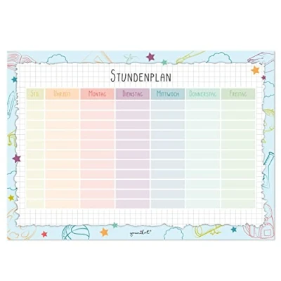 Abbildung von Stundenplan Bunt I Papier Block mit 25 Blatt DIN A4 zum Schulanfang für Mädchen und Jungen neutral Beschriften Abreißen dv_1052