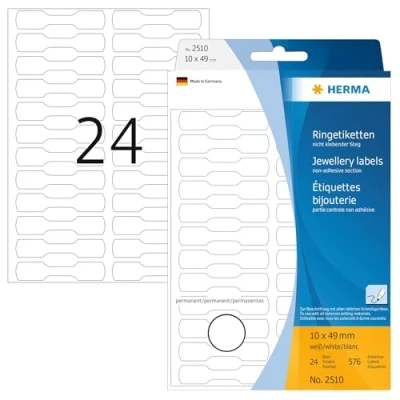 Abbildung von HERMA 2510 Preisetiketten, 600 Stück, 10 x 49 mm, 24 pro Bogen, selbstklebend, Ringetiketten zum Beschriften, matt, blanko Papier Schmucketiketten Aufkleber, weiß