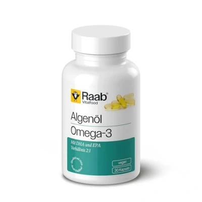 Abbildung von Raab Vitalfood Algenöl Omega 3 Kapseln, 30 Stück, pflanzlich, mit DHA und EPA (2:1), aus Mikroalgen, DIE nachhaltige Alternative zu Fischöl
