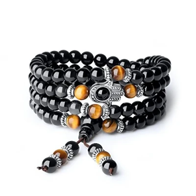 Abbildung von COAI Geschenkideen Unisex 108 Obsidian Tigerauge Buddhistische Mala Kette Gebetsarmband Glücksarmband Halskette