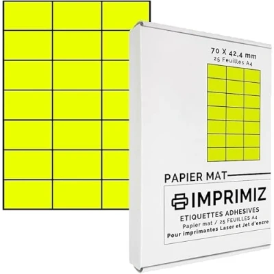 Abbildung von 525 Selbstklebende Etiketten neongelb von 70 x 42 mm 21 Etiketten/Blatt 25 Blatt A4 / Papier matt Farbe Für Kunstdruck Laser und Tintenstrahldrucker