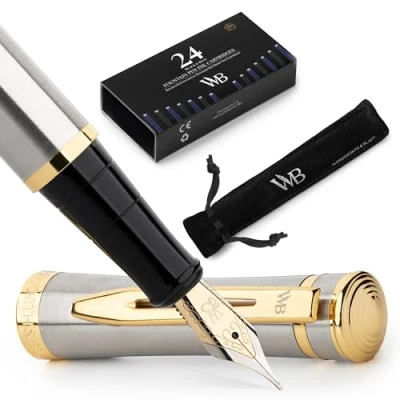 Abbildung von Wordsworth &amp; Black Füllfederhalter Set, 18K Gilded Medium Nib, inkl.24er Pack Tintenpatronen,Tintenkonverter Geschenketui,Gold Finish,Kalligraphie, [Silber Gold], Perfekt für Männer Frauen