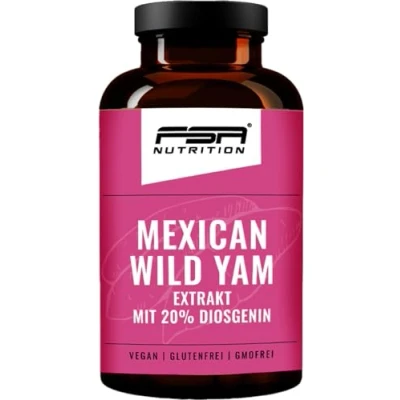 Abbildung von Yamswurzel Kapseln Glasdose 1000 mg Mexican Wild Yam Extrakt (200 Diosgenin) pro Tagesdosis frei von Zusätzen vegan 180 FSA Nutrition