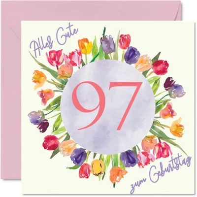 Abbildung von 97. Geburtstagskarte für Frauen Aquarell Tulpen Blumen Strauß Alles Gute zum Geburtstagskarten 97 Jährige Frau Tochter Schwester Tante, 145mm Siebenundneunzig Geburtstag Grußkarten