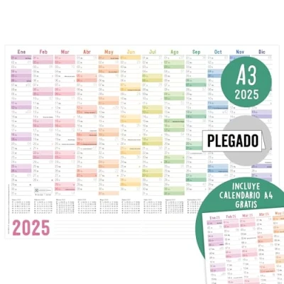 Abbildung von Häfft® Wandkalender 2025 A3 auf Spanisch (42 x 29,7 cm) gefalzt &quot;Rainbow&quot;, Wandplaner mit spanischen Feiertagen + extra A4 Kalender nachhaltig &amp; klimafreundlich