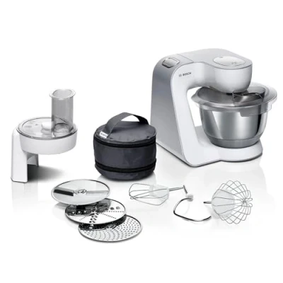 Abbildung von Bosch Küchenmaschine Serie 4 MUM58210, Edelstahl Schüssel 3,9 L, Planetenrührwerk, Patisserie Set aus Edelstahl, Knethaken, Schlagbesen, Rührbesen, Durchlaufschnitzler, 3 Scheiben, 1000 W, weiß/silber
