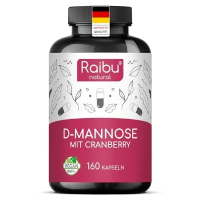 Abbildung von Raibu D Mannose Kapseln mit Cranberry 2100 mg pro Tagesdosis 160 hochdosiert Vegan, natürlich, rein &amp; ohne Zusätze in Deutschland produziert laborgeprüft