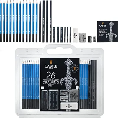 Abbildung von Castle Art Supplies 26 teiliges Premium Zeichen und Skizzier Set Für Künstler, Profis oder Anfänger Zeichenstifte, Kohle, Graphit mehr Verpackt im Etui zum Mitnehmen