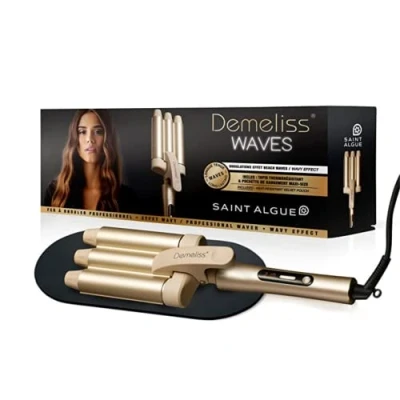 Abbildung von Demeliss SAINT ALGUE WAVES Lockenstab Wavy Effekt Wellenstab Keramik und Turmalinbeschichtung 10 Temperaturstufen Für alle Haartypen Mit hitzebeständiger Matte &amp; Transporttasche.