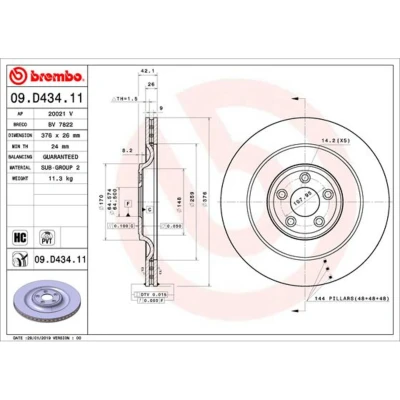 Abbildung von BREMBO 09.D434.11 Bremsscheibe 376 26 5 innenbelüftet beschichtet hochgekohlt JAGUAR: XF Saloon, Sportbrake, F Type Coupe