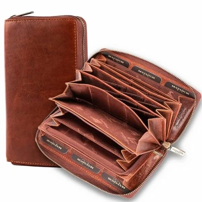 Abbildung von MATADOR [GIRONA XL Karten Portemonnaie Geldbeutel Damen Leder Groß mit Geschenk Box Portmonee Geldbörse Gross RFID Blocker Geldtasche Brieftasche Damenportemonnaie Vintage Braun