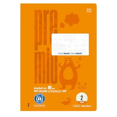 Abbildung von Staufen premio Schreiblernheft 4 Hefte je 16 Blatt, DIN A4, Lineatur 2 (4/4/4mm liniert, farbig hinterlegte Lineatur), 90 g/m² Recyclingpapier, runde Ecken verhindern „Eselsohren“