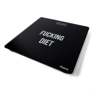 Abbildung von Fisura Digitale Badezimmerwaage &quot;f*cking diet&quot;. aus Glas. Elektronische Personenwaage bis zu 180 kg und 50 g Genauigkeit, Step On Technologie. 30 x cm