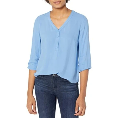 Abbildung von Amazon Essentials Damen Popover Hemd mit 3/4 Ärmeln und Knöpfen, Französisch Blau, L