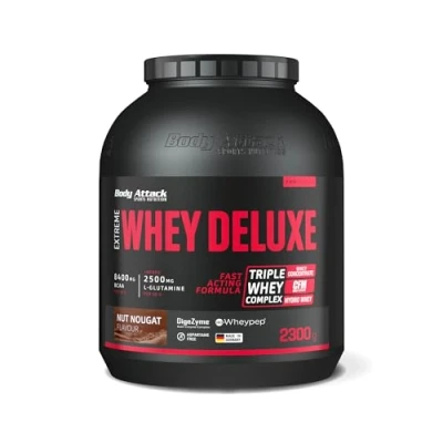 Abbildung von Body Attack Extreme Whey Deluxe Nut Nougat, 2,3 kg Made in Germany Eiweißpulver mit Aminosäuren, Triple Complex, CFM Isolate, perfekt lösliches Protein Pulver, fettarm, zuckerarm