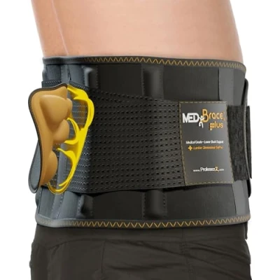 Abbildung von MEDiBrace PLUS Rückenstützgürtel Rückenbandage mit 3D Lendenpolster, Lendenwirbelstütze für unteren Rücken Verstellbarer Rückengurt und Stützstreben zur Rückenschmerzen Linderung