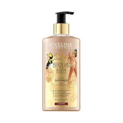 Abbildung von Eveline Cosmetics Brazilian Body Golden Shimmer Körperöl mit Argan , Macadamia Mandel und Moringaölen 150ml Vegane feuchtigkeitsspendende Formel für strahlende Haut