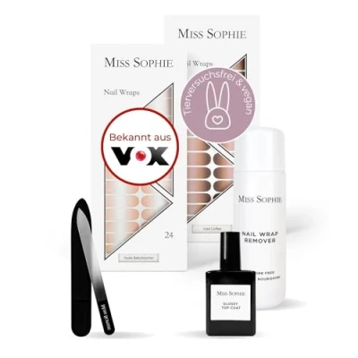 Abbildung von Original Miss Sophie Starterset I Selbstklebende Nagelfolien Nagelaufkleber in Nude Babyboomer &amp; Iced Coffee Kein Absplittern Langer Halt Schnelle einfache Anwendung Premium Nagellackfolie